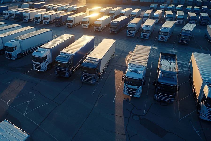 Many trucks in a fleet are parked in one parking lot. Outsourcing allows the vehicles to be organized efficiently.