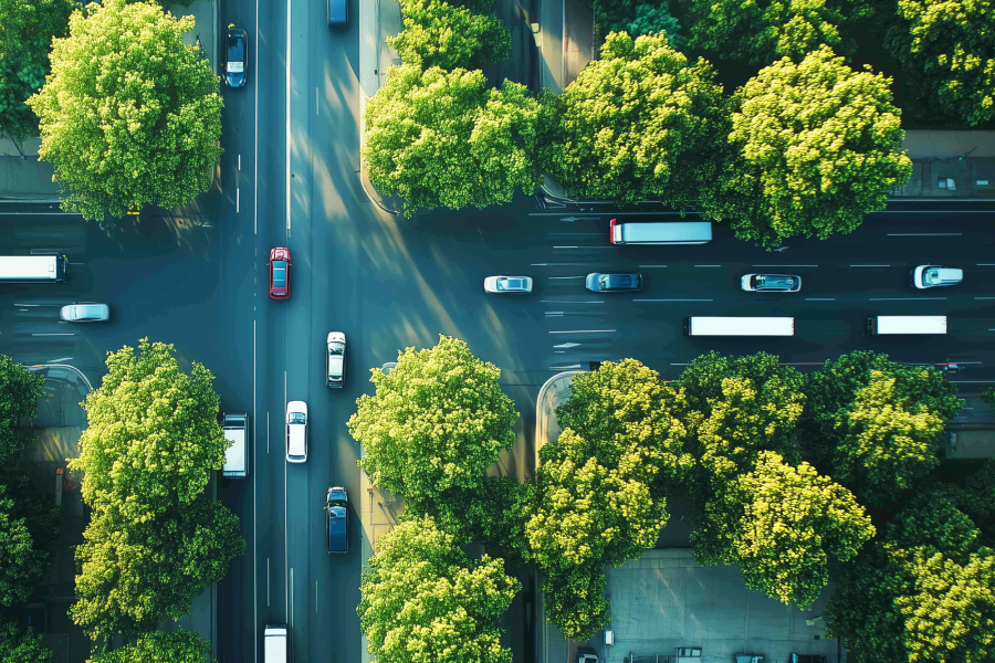 Luftbild einer gut strukturierten Verkehrssituation mit mehreren Fahrzeugen auf einer Hauptstraße, flankiert von Bäumen. Es verdeutlicht die Ziele der Fahrzeugverwaltung mit Carano: Übersichtlichkeit, Digitalisierung und Nachhaltigkeit im modernen Fuhrparkmanagement.