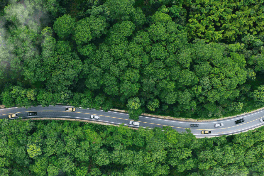 Aerial view of a winding road meandering through a dense, green forest, with several cars driving along the route. The image symbolizes modern fleet management with a focus on sustainability, CO₂ reduction and intelligent route planning. It stands in the context of the increasing digitalization and ecological responsibility of companies with their own vehicle fleet.