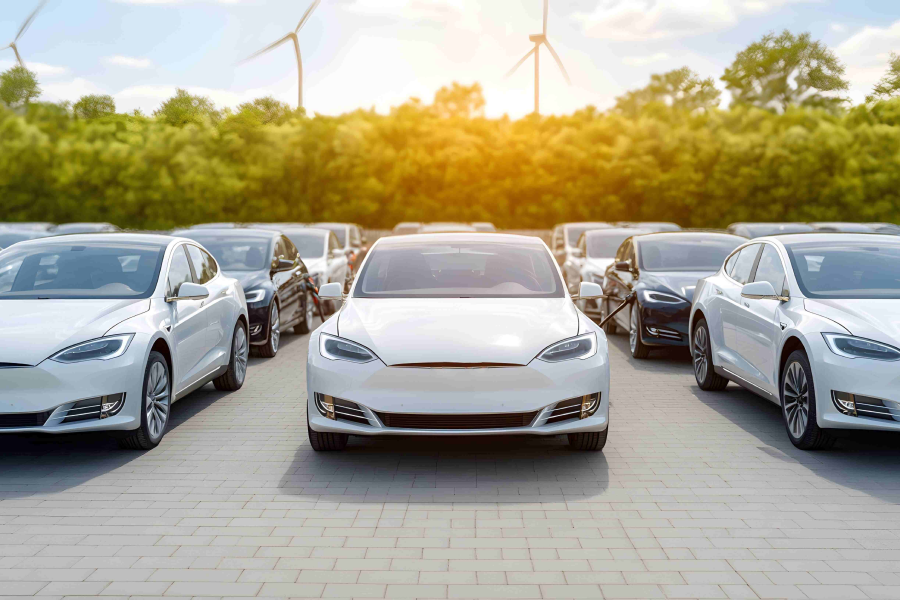 Row of white electric vehicles, arranged in a parking lot with charging stations, with wind turbines and green vegetation in the background. Symbolic image for sustainable, digital fleet management: networking, electromobility and CO₂-optimized fleets as a strategic success factor for modern companies.