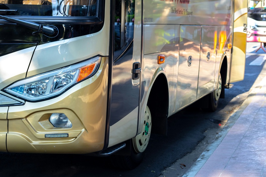 Modern city bus with turning assistant for greater road safety and better protection for pedestrians and cyclists