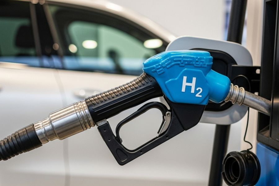 A hydrogen tank nozzle labeled H₂ is connected to a vehicle - symbolic image for fuel cell vehicles and environmentally friendly mobility with hydrogen drive.