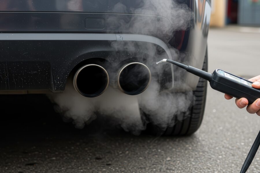 Autoauspuff mit sichtbaren Abgasen während einer Abgasuntersuchung (AU) mittels Messgerät. Die gesetzliche Prüfung kontrolliert Emissionswerte, Abgasreinigung und Motorsteuerung, ist Teil der Hauptuntersuchung und essenziell für Fuhrparkmanagement, Umweltvorgaben und nachhaltige, gesetzeskonforme Fahrzeugflotten.