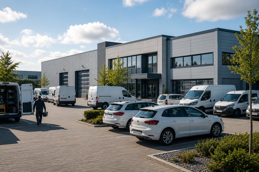 Fuhrpark eines mittelständischen Unternehmens mit Servicefahrzeugen, Transportern und Firmenwagen auf einem modernen Betriebsgelände.