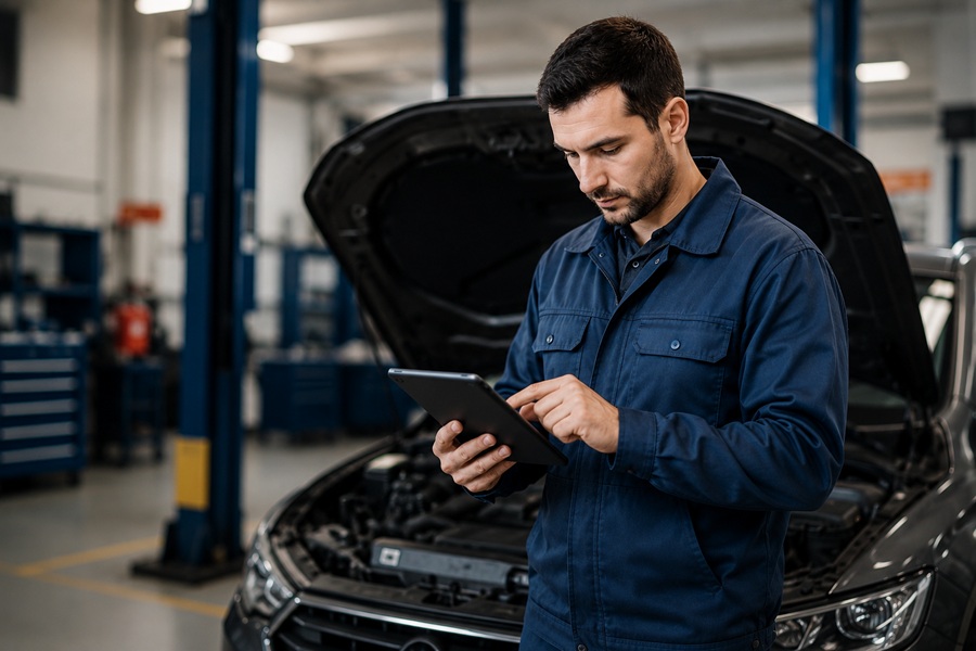 Mechaniker analysiert Fahrzeugdaten mit Tablet – KI unterstützt Predictive Maintenance im Fuhrpark durch vorausschauende Wartung und die Vermeidung von Fahrzeugausfällen.