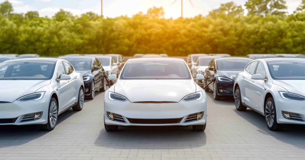Row of white electric vehicles, arranged in a parking lot with charging stations, with wind turbines and green vegetation in the background. Symbolic image for sustainable, digital fleet management: networking, electromobility and CO₂-optimized fleets as a strategic success factor for modern companies.